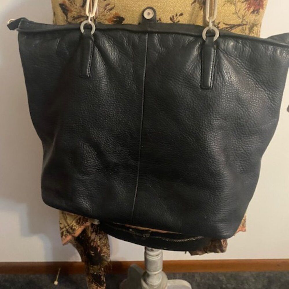 Coach Black Leather Tote with Gold Chain Accents - Picture 2 of 16